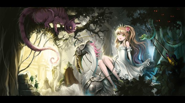 Anime picture 1920x1080 with alice in wonderland alice (wonderland) cheshire cat long hair highres brown hair wide image sitting green eyes hair flower light eyes dress hair ornament flower (flowers) animal tree (trees) bird (birds) insect butterfly