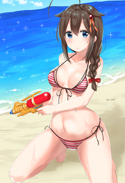 Anime picture 1238x1806 with kantai collection shigure destroyer yamamura umi single long hair tall image looking at viewer blush fringe breasts blue eyes light erotic hair between eyes brown hair bare shoulders holding signed payot sky cloud (clouds)