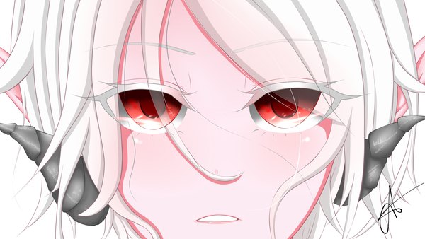 Anime picture 2120x1193 with original aagm single looking at viewer fringe highres short hair red eyes wide image white hair parted lips horn (horns) close-up face girl