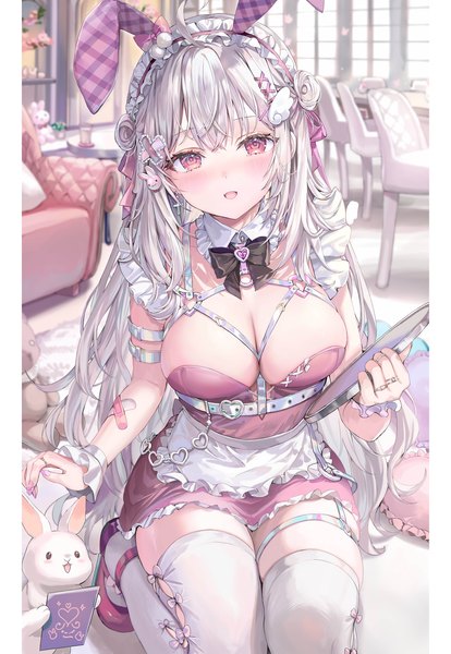 Anime picture 2405x3485 with original momoko (momopoco) single long hair tall image looking at viewer blush highres breasts open mouth light erotic large breasts holding animal ears cleavage silver hair ahoge indoors pink eyes scan