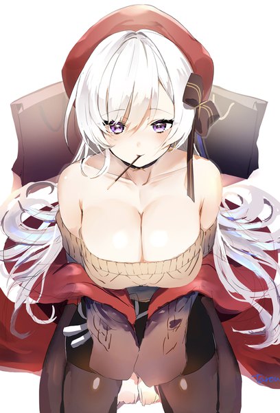 Anime picture 3072x4514 with azur lane belfast (azur lane) belfast (shopping with the head maid) (azur lane) hoerutarou single tall image looking at viewer blush fringe highres breasts light erotic simple background hair between eyes large breasts white background purple eyes bare shoulders holding absurdres