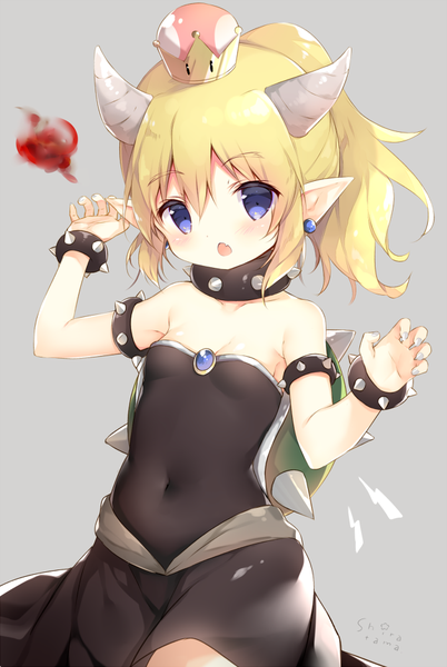 Anime picture 630x939 with super mario bros. new super mario bros. u deluxe bowsette shiratama (shiratamaco) single tall image looking at viewer blush fringe short hair open mouth blue eyes light erotic simple background blonde hair hair between eyes bare shoulders signed payot ponytail