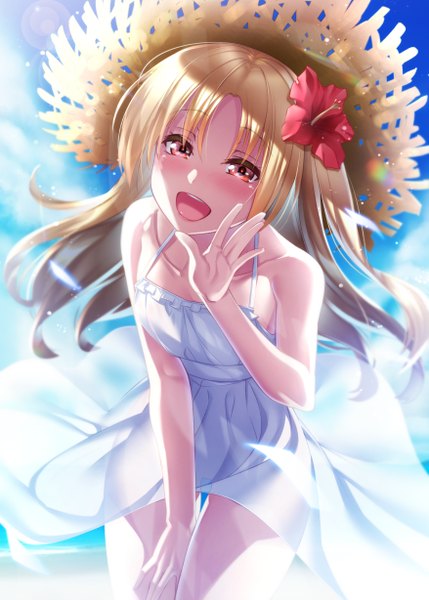 Anime picture 878x1228 with azur lane cleveland (azur lane) ken ill single long hair tall image looking at viewer blush fringe open mouth blonde hair smile hair between eyes red eyes standing bare shoulders payot sky cloud (clouds) outdoors