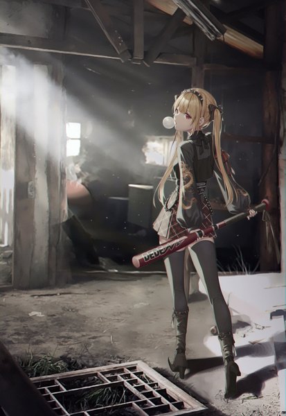 Anime picture 2410x3502 with de nim single long hair tall image looking at viewer fringe highres blonde hair hair between eyes red eyes standing twintails holding full body indoors nail polish pleated skirt looking back sunlight shadow