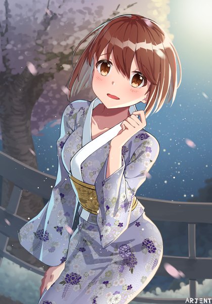 Anime picture 2796x4000 with idolmaster idolmaster (classic) hagiwara yukiho arjent single tall image looking at viewer blush fringe highres short hair open mouth hair between eyes brown hair brown eyes signed outdoors traditional clothes japanese clothes arm up