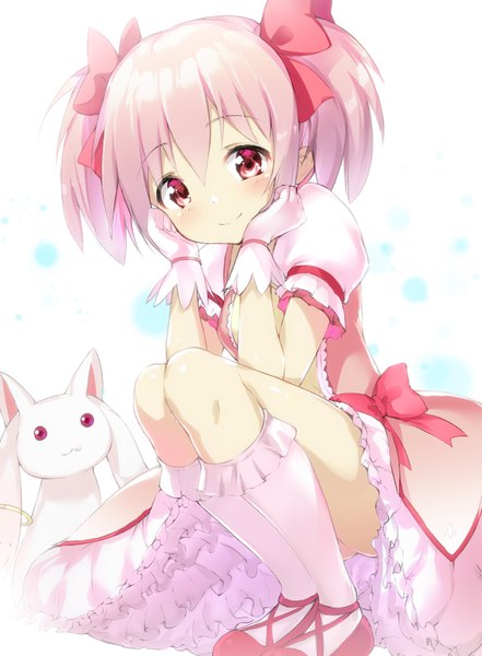 Anime picture 1176x1598 with mahou shoujo madoka magica shaft (studio) kaname madoka kyuubee rekareka single tall image looking at viewer blush fringe short hair simple background smile hair between eyes twintails pink hair full body bent knee (knees) pink eyes short sleeves