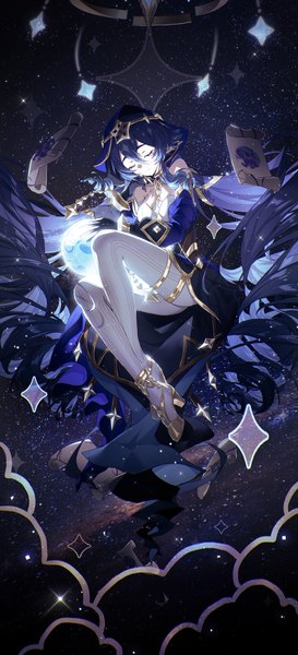 Anime picture 1792x3939 with genshin impact layla (genshin impact) lengchan (fu626878068) single tall image fringe highres hair between eyes blue hair full body eyes closed very long hair high heels girl detached sleeves pantyhose star (stars) white pantyhose sphere