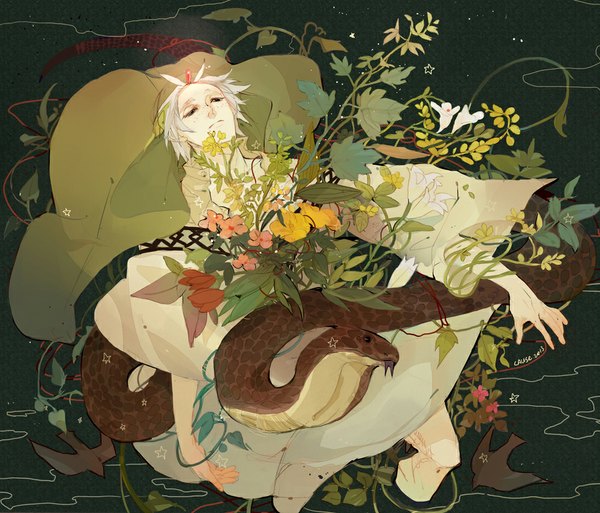 Anime picture 1000x856 with magi the labyrinth of magic a-1 pictures ja'far (magi) cause single short hair signed white hair freckles boy flower (flowers) plant (plants) animal bird (birds) snake arabian clothes