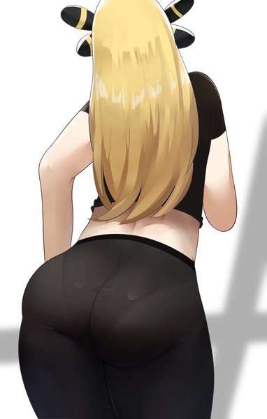 Anime picture 1400x2200 with pokemon pokemon dppt nintendo cynthia (pokemon) sana!rpg single long hair tall image looking at viewer light erotic simple background blonde hair standing white background ass short sleeves midriff pov ass girl hair ornament