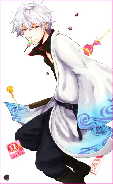 Anime picture 1205x1955 with gintama sunrise (studio) sakata gintoki ririco single tall image short hair white background silver hair japanese clothes pink eyes boy food boots belt sweets pants lollipop