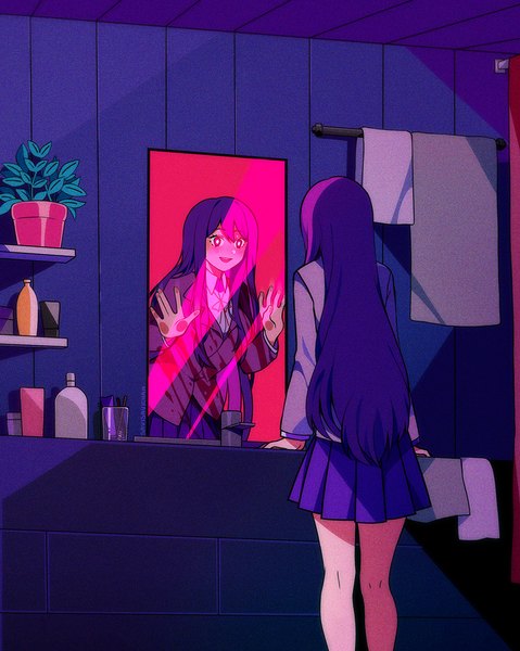 Anime picture 1000x1252 with doki doki literature club yuri (doki doki literature club) savi (byakushimc) single long hair tall image blush fringe open mouth smile hair between eyes red eyes standing looking away purple hair indoors long sleeves :d pleated skirt from behind