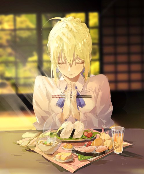 Anime picture 1421x1715 with fate (series) fate/stay night artoria pendragon (all) saber e (h798602056) single tall image fringe short hair blonde hair hair between eyes sitting ahoge eyes closed sunlight hands clasped girl food blouse sliding doors
