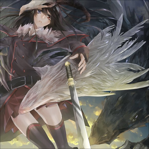 Anime picture 1200x1200 with allenkung1 single long hair looking at viewer fringe black hair bent knee (knees) pleated skirt zettai ryouiki heterochromia fantasy white wings girl thighhighs skirt gloves weapon sword wings belt