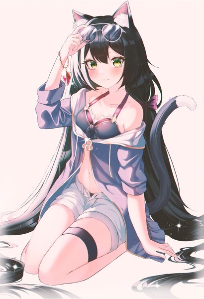 Anime picture 2033x2976 with princess connect! re:dive princess connect! karyl (princess connect!) seko (sekoko) single tall image looking at viewer blush fringe highres breasts black hair simple background smile white background sitting twintails green eyes animal ears tail