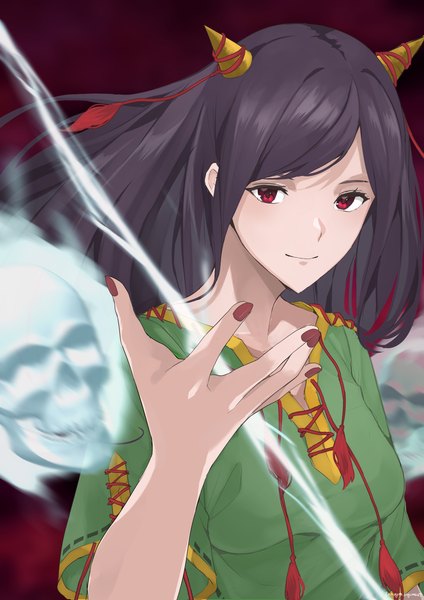 Anime picture 2894x4093 with touhou unfinished dream of all living ghost nippaku zanmu phinease single long hair tall image highres smile red eyes upper body nail polish horn (horns) red nail polish dark hair girl skull