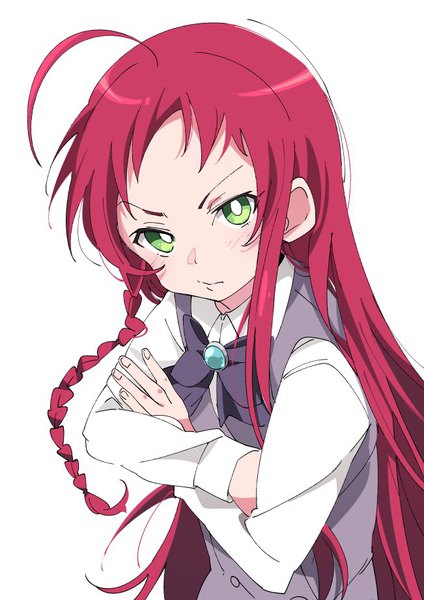 Anime picture 651x921 with hataraku maou-sama! white fox yusa emi ixy single long hair tall image looking at viewer blush simple background white background green eyes upper body ahoge red hair braid (braids) from above side braid crossed arms girl