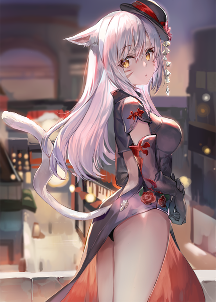 Anime picture 800x1117 with final fantasy final fantasy xiv square enix miqo'te momoko (momopoco) single long hair tall image looking at viewer fringe breasts light erotic hair between eyes standing animal ears yellow eyes silver hair ass outdoors tail