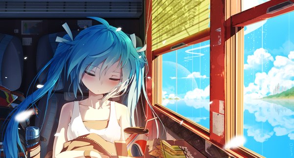 Anime picture 1800x969 with vocaloid hatsune miku qys3 single long hair blush fringe highres hair between eyes wide image sitting twintails sky cloud (clouds) ahoge indoors eyes closed wind aqua hair sleeping