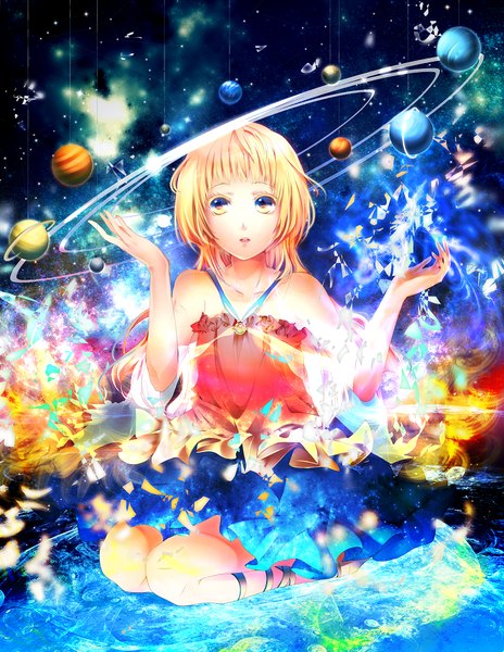 Anime picture 744x962 with original lulu season single long hair tall image open mouth blonde hair yellow eyes kneeling girl dress star (stars) planet earth