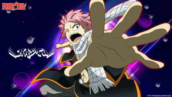Anime picture 1781x1008 with fairy tail natsu dragneel natsudrgonil single highres short hair open mouth wide image pink hair one eye closed wink black eyes inscription coloring outstretched arm boy scarf