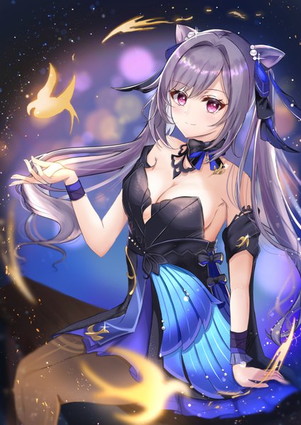Anime-Bild 600x847 mit genshin impact keqing (genshin impact) cocoa 11vv single long hair tall image looking at viewer blush fringe breasts smile large breasts sitting purple eyes twintails bare shoulders payot cleavage purple hair bent knee (knees)