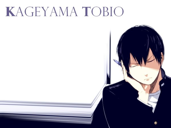 Anime picture 1280x960 with haikyuu!! production i.g kageyama tobio pakkane (artist) single short hair black hair simple background white background sitting purple hair eyes closed inscription boy uniform school uniform pen