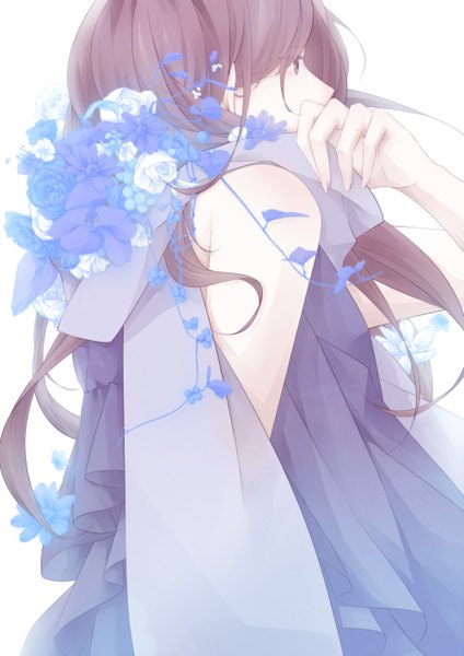 Anime picture 2000x2829 with original sekiyu single long hair tall image highres simple background white background bare shoulders pink hair profile pink eyes sleeveless back girl dress flower (flowers) scarf