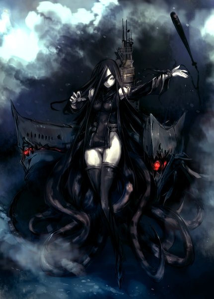 Anime picture 1600x2225 with kantai collection so-class submarine hitomaru single tall image looking at viewer fringe light erotic black hair purple eyes outdoors very long hair arm up black eyes hair over one eye alternate costume floating hair glowing dark background glowing eye (eyes)