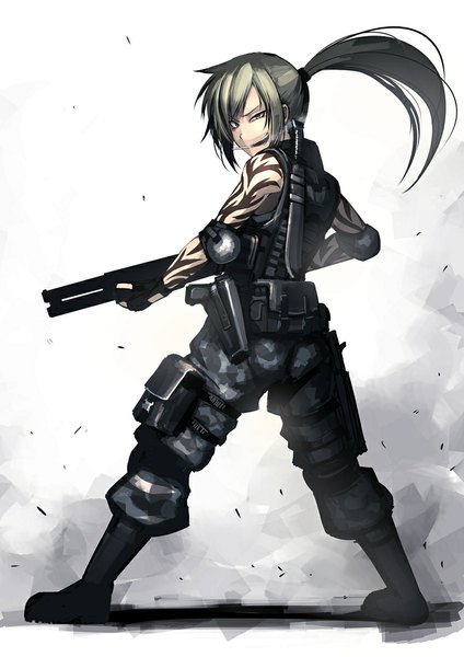 Anime picture 806x1140 with original hetza (hellshock) single long hair tall image looking at viewer open mouth blonde hair smile ponytail grey eyes tattoo smoke smoking girl gloves uniform weapon boots fingerless gloves