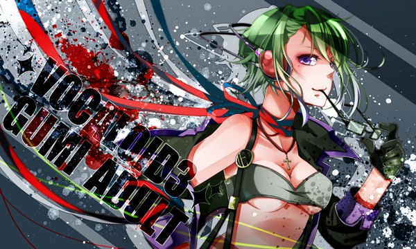 Anime picture 1500x900 with vocaloid gumi nou single fringe short hair breasts light erotic smile wide image purple eyes green hair copyright name character names mouth hold girl gloves ribbon (ribbons) glasses headphones