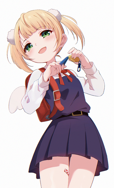 Anime picture 1376x2253 with virtual youtuber indie virtual youtuber shukusei!! loli-gami requiem shigure ui (vtuber) shigure ui (vtuber) (young) mtoan single tall image looking at viewer blush fringe short hair open mouth simple background blonde hair standing white background twintails green eyes blunt bangs