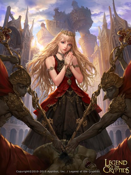 Anime-Bild 1920x2560 mit legend of the cryptids dospi long hair tall image looking at viewer highres blue eyes blonde hair cloud (clouds) lips girl dress boy crown helmet corpse
