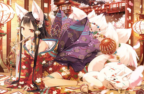 Anime picture 1920x1250 with original cura single long hair looking at viewer fringe highres light erotic black hair smile red eyes sitting bare shoulders holding animal ears payot full body bent knee (knees) indoors tail