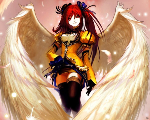 Anime picture 1280x1024 with aquarian age tachikawa mushimaro (bimo) k.g long hair red eyes red hair pale skin angel girl thighhighs gloves bow black thighhighs hair bow detached sleeves wings feather (feathers)