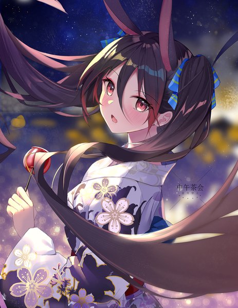 Anime picture 1500x1945 with original zhongwu chahui single long hair tall image looking at viewer blush fringe open mouth black hair hair between eyes red eyes twintails holding signed animal ears upper body long sleeves traditional clothes japanese clothes