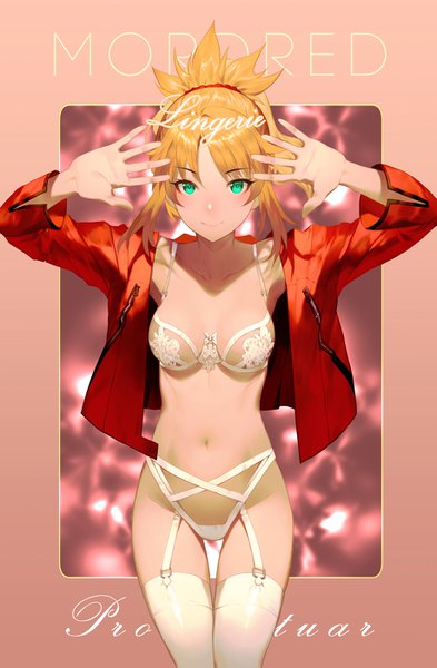 Anime picture 918x1399 with fate (series) fate/grand order fate/apocrypha mordred (fate) salmon88 single tall image looking at viewer blush fringe short hair breasts light erotic simple background blonde hair smile standing green eyes payot arms up