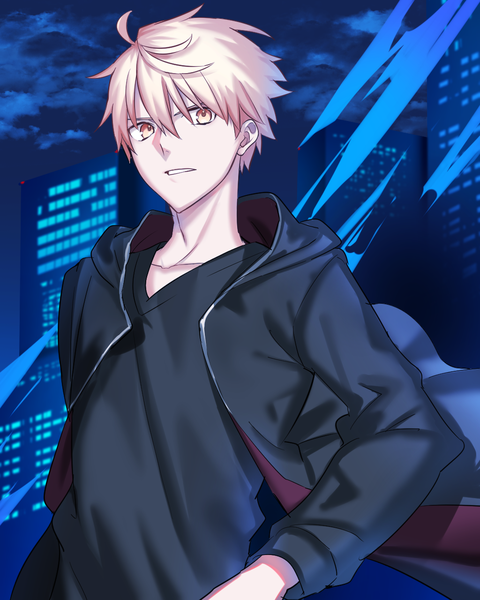 Anime picture 1024x1280 with fate (series) fate/grand order fate/prototype artoria pendragon (all) saber alter arthur pendragon (fate) seseragi azuma single tall image fringe short hair blonde hair hair between eyes yellow eyes upper body wind night open jacket night sky genderswap