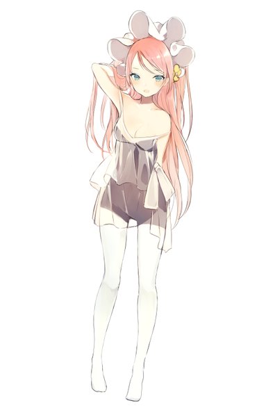 Anime picture 530x802 with vocaloid megurine luka lpip single long hair tall image looking at viewer open mouth blue eyes light erotic white background bare shoulders pink hair cleavage full body :d arm up hair flower off shoulder armpit (armpits)