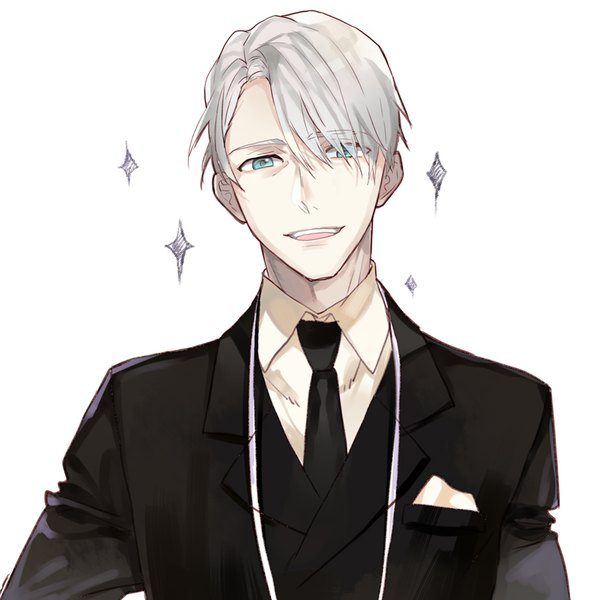 Anime picture 800x808 with yuri!!! on ice mappa viktor nikiforov hash (artist) single tall image looking at viewer fringe short hair open mouth simple background white background upper body aqua eyes grey hair hair over one eye sparkle formal boy necktie