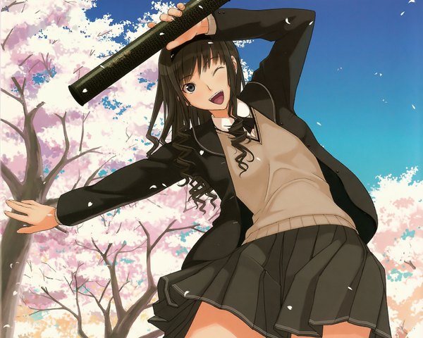 Anime picture 1600x1280 with amagami morishima haruka single long hair open mouth black hair holding pleated skirt one eye closed wink black eyes from below cherry blossoms drill hair spread arms graduation girl skirt uniform plant (plants)