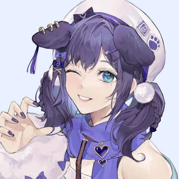 Anime picture 1024x1024 with virtual youtuber nijisanji aiba uiha kuiqiu kq single long hair looking at viewer blue eyes simple background twintails animal ears purple hair upper body nail polish one eye closed wink mole mole under eye low twintails blue background