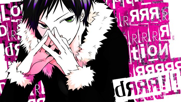 Anime picture 1200x675 with durarara!! brains base (studio) orihara izaya tsuguyuu single short hair black hair smile wide image green eyes boy ring coat