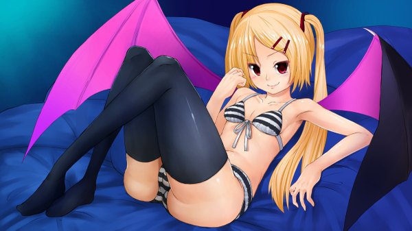 Anime picture 1200x675 with original youjo purin (artist) long hair light erotic blonde hair red eyes wide image twintails bat wings girl thighhighs hair ornament underwear panties black thighhighs wings bobby pin striped bikini