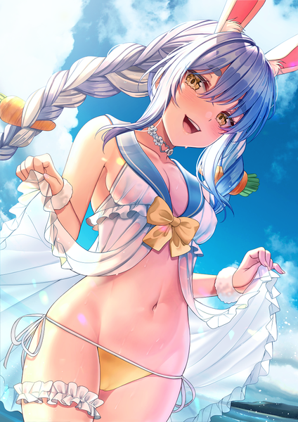 Anime picture 850x1203 with virtual youtuber hololive usada pekora saruei single long hair tall image looking at viewer blush fringe breasts open mouth light erotic smile hair between eyes standing animal ears yellow eyes payot sky