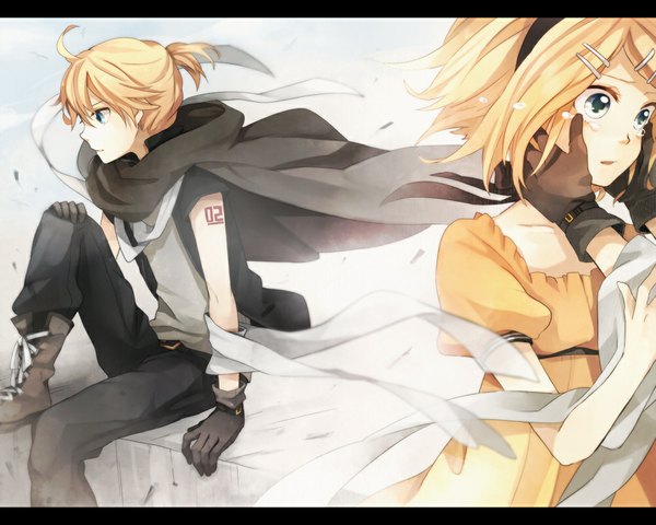 Anime picture 1000x800 with vocaloid kimi ni sasagu fantasia (vocaloid) kagamine rin kagamine len tama (songe) short hair open mouth blue eyes blonde hair sitting ahoge ponytail profile wind couple tears letterboxed girl dress boy