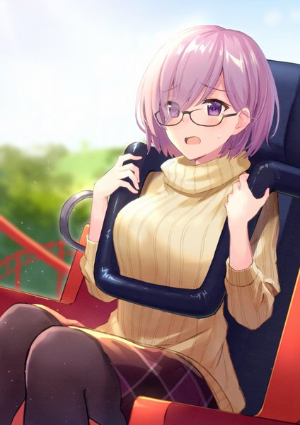 Anime picture 566x800 with fate (series) fate/grand order mash kyrielight haru (hiyori-kohal) single tall image blush fringe short hair breasts open mouth sitting purple eyes holding looking away pink hair outdoors hair over one eye plaid skirt sweatdrop