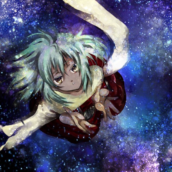 Anime picture 1500x1500 with xenogears emerada kintoki (sena0830) single brown eyes green hair from above dark skin snowing looking up winter snow girl scarf