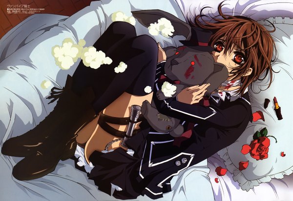 Anime picture 5933x4077 with vampire knight studio deen cross yuki highres red eyes brown hair absurdres girl thighhighs flower (flowers) weapon serafuku boots rose (roses) bed blood toy stuffed animal bunny