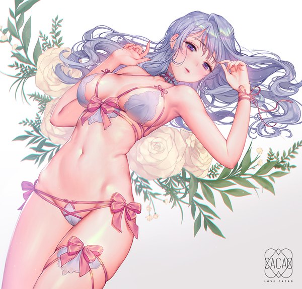 Anime picture 1043x1000 with original love cacao single long hair looking at viewer blush fringe breasts light erotic simple background purple eyes signed purple hair lying parted lips fingernails on back gradient background sideboob floral background