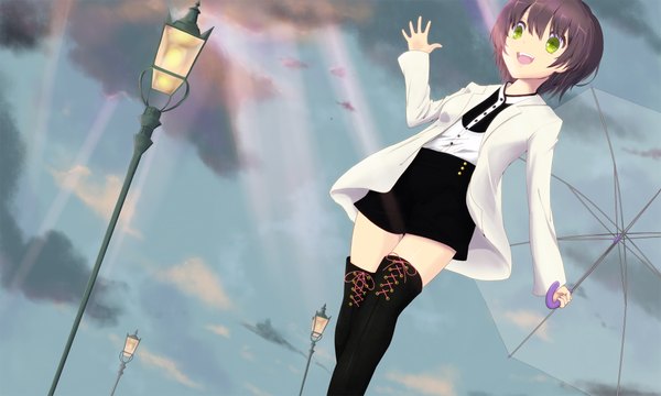 Anime picture 2000x1200 with original mokkei (artist) single highres short hair open mouth black hair wide image green eyes sky cloud (clouds) transparent umbrella girl thigh boots umbrella lantern lamppost